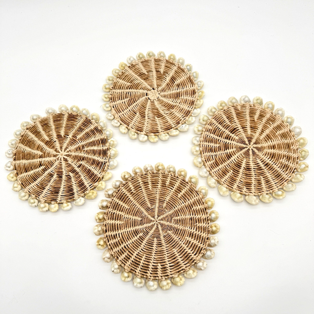 Shell Seashell Woven Trivets Hot Pads Coasters Wall Decor Beach Tiki Set of 4